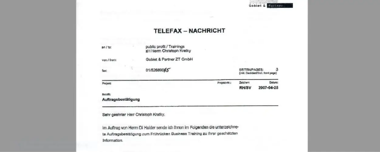 Erster Firmentraining-Auftrag Rückenglück – Auftragsbestätigung Gobiet & Partner 2007