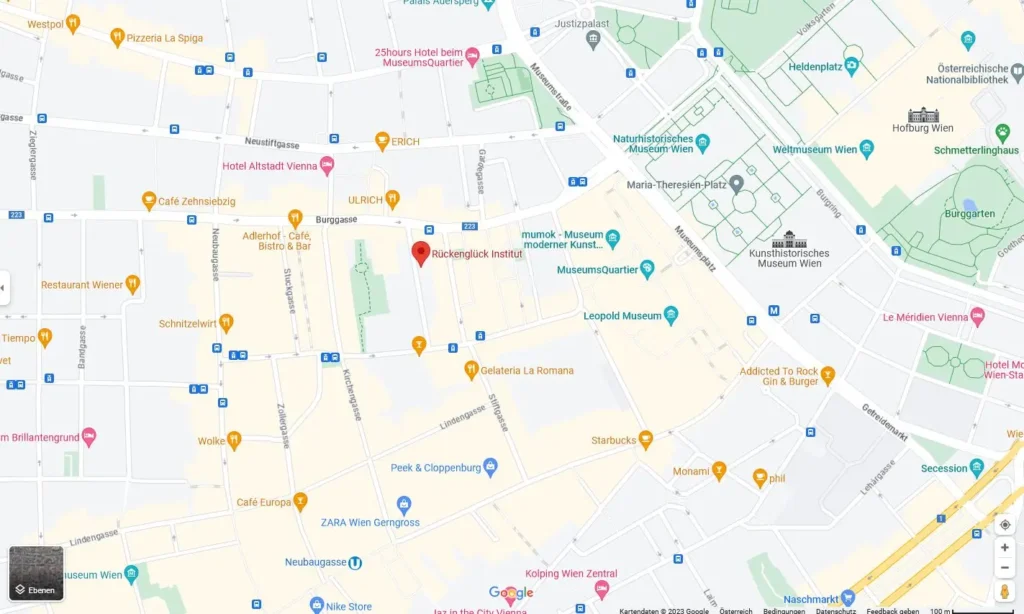 Google Maps Karte mit Standort des Rückenglück Instituts in Wien, nahe dem MuseumsQuartier